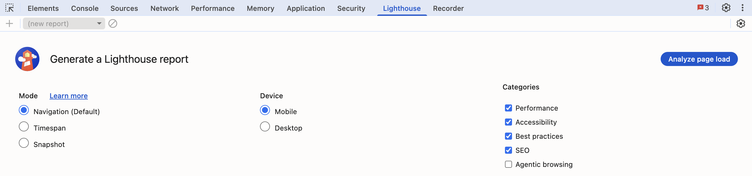 Chromeの開発者ツールのLighthouseパネル。カテゴリを選んで計測を始める画面